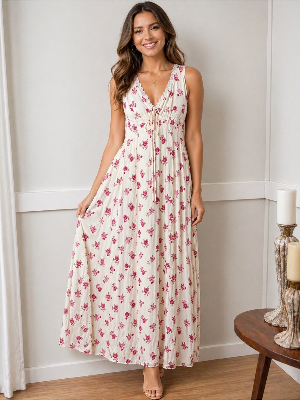 Crystal Doll Babydoll Maxi Dress with Pink Floral Print Lined Lace trim
